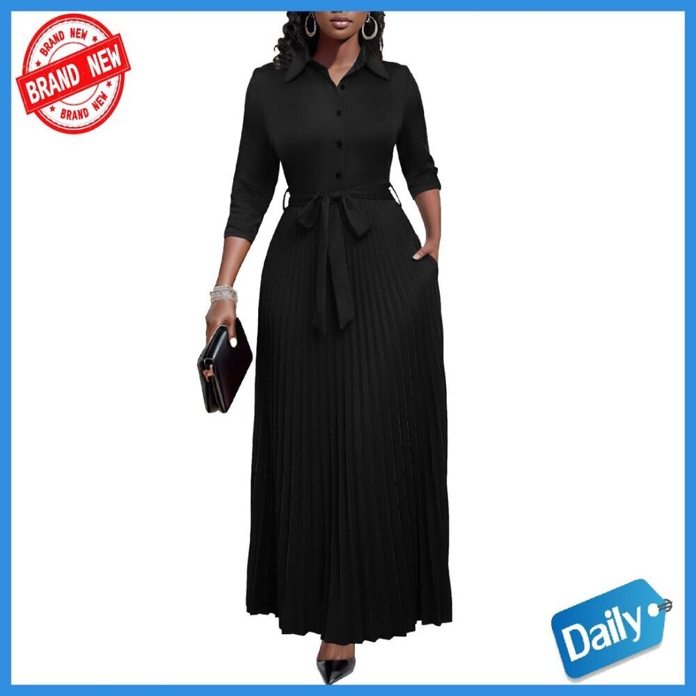 3/4 Sleeve Pleated Maxi Dress with Belt & Pockets - M